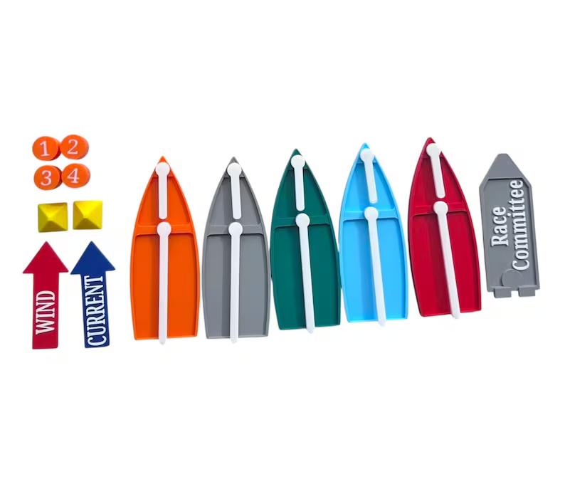 Full kit flat lay — all boats, arrows, marks and Race Committee piece